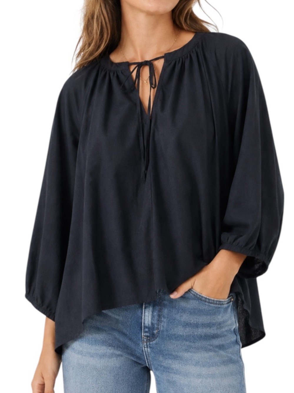 A New Day XL Black Linen Rayon Peasant Blouse Tie Neck Balloon Sleeve Boho